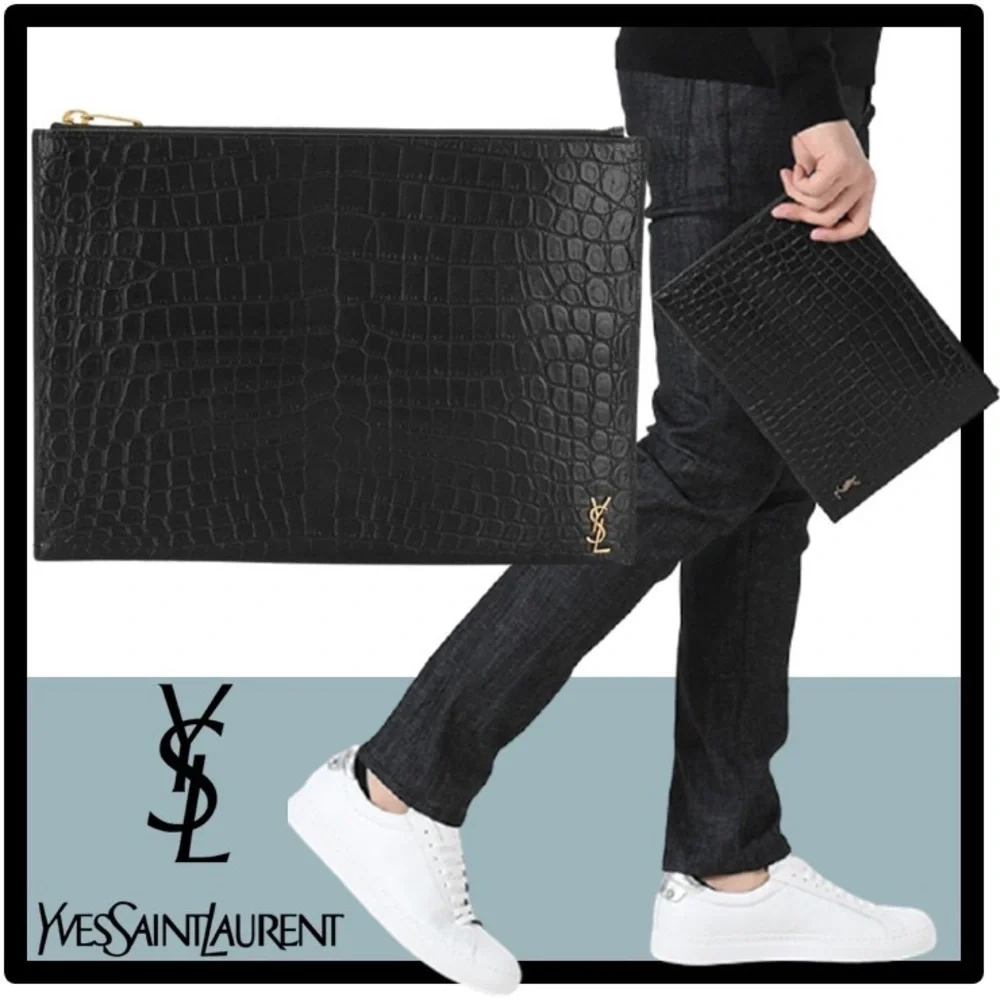 NEW in box. YSL Saint Laurent Black Croc embossed matte leather clutch bag - Picture 11 of 13
